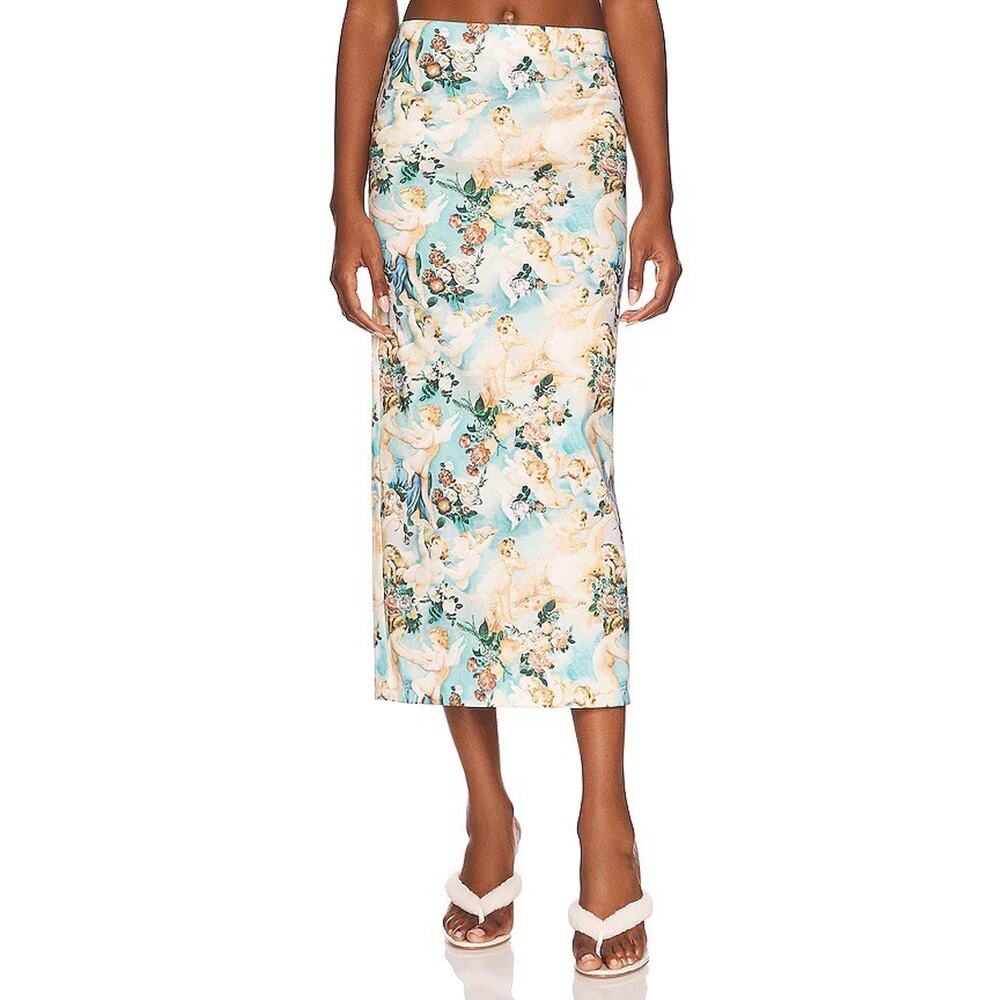 LPA x REVOLVE Adoel Cherub Print Midi Skirt Size XL Renaissance Retro Artsy